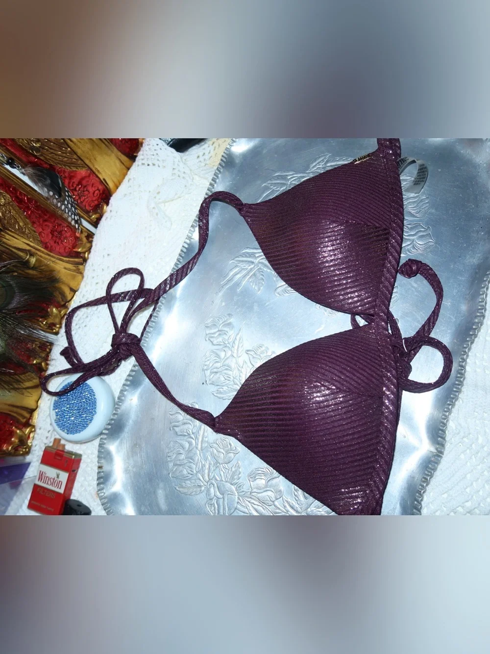 PINK Victoria's Secret Ribbed Plum Triangle Bikini Top